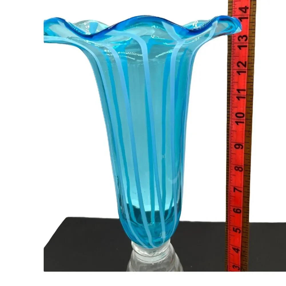 Vtg 14'' Blue Hand Blown Glass Vase Spiral Ice Blue Ruffled Top Clear‎ Base EUC